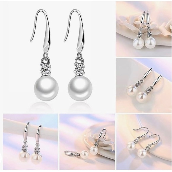 Earrings Pearl Dangle Silver Tone With Crystal Accent - Picture 3 of 8
